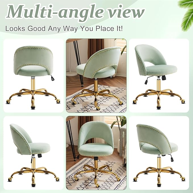 VINGLI Modern Velvet Small Office Chair,Cute Desk Chair with Wheels,Gold Base/Studs, Comfy Armless Swivel Vanity Task Chair for Women/Girl/Kids, Nail Tech Chair for Bedroom,Small Space,Mint Green