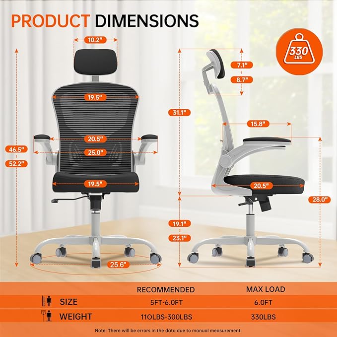 Synorla Office Chair Ergonomic Desk Chair, 330LBS Capacity, High Back Computer Design for Long Hours Comfort, Rolling Swivel for Home Office, Flip-up Armrests（Grey Black）