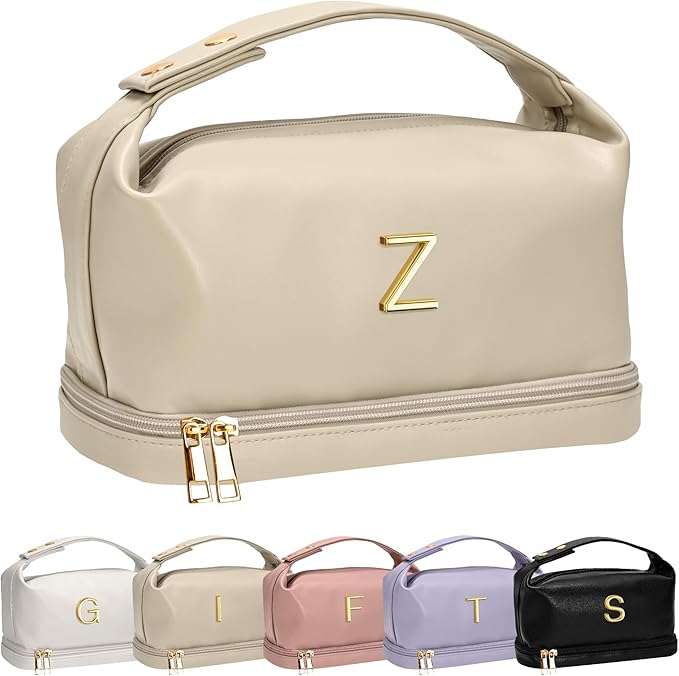 Gifts for Women, Initial Makeup Bag, Waterproof Double Layer Cosmetic Bag, Large Capacity PU Leather Makeup Bags Letter Travel Toiletry Bag with Makeup Brush Organizer