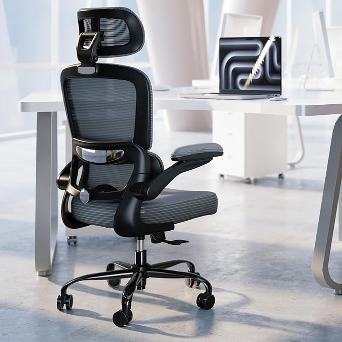 TRALT Ergonomic Office Chair - Desk Chair with Adjustable Headrest Lumbar Support Computer Chair - Mesh Comfy Chair with Flip-up Armrests - Gaming Chairs for Adults Home Office (Leather, Dark Grey)