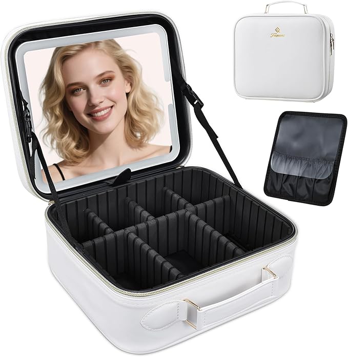 Travel Makeup Bag with LED Mirror 3 Color Modes,10.2-in White Vegan Leather Makeup Organizer Bag with Adjustable EVA Dividers and Independent Brush Panel