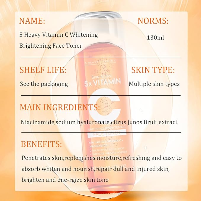 5X Vitamin C & Hyaluronic Acid Hydrating Toner - Brightening, Pore Minimizing Facial Toner for Glowing Skin & Sensitive Skin, 130ml（Gift for Women）