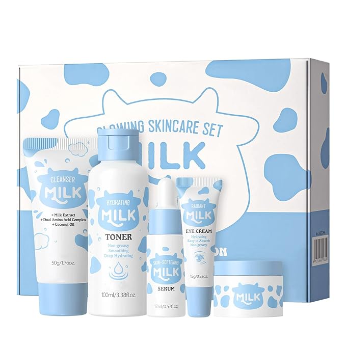 Milk Skin Care Set, 5PCS Nourishing & Hydrating Facial Care Kit for Women & Teens, Includes Cleanser, Toner, Serum, Eye Cream, Moisturizer, Gentle Daily Facial Care Gift Set Routine Kit