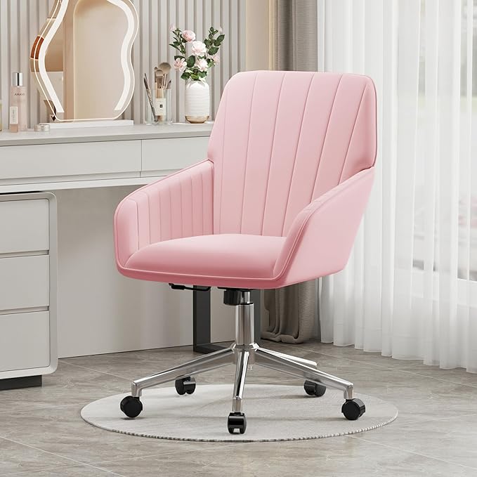 YISHENG Velvet Office Desk Chair with Silver Base, with Wheels,Modern Height Adjustable 360 Degree Swivel Upholstered Vanity Chairs with Arms for Living Room Bedroom,Pink