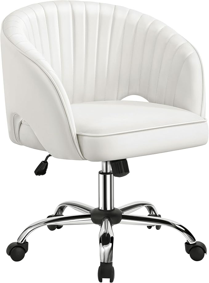 Yaheetech Home Office Chair, Faux Leather Desk Chair, Modern Swivel Chair with Tufted Barrel Back, Rolling Wheels for Office,Study, Vanity, Bedroom White