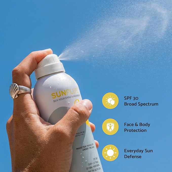 SUNPLUS SPF 30 Sunscreen Spray for Face & Body – Broad Spectrum Sunblock, Lightweight Continuous Mist, Water & Sweat Resistant, Hydrating Non-Greasy Spray Sunscreen Formula, Mineral Protection, 6 oz