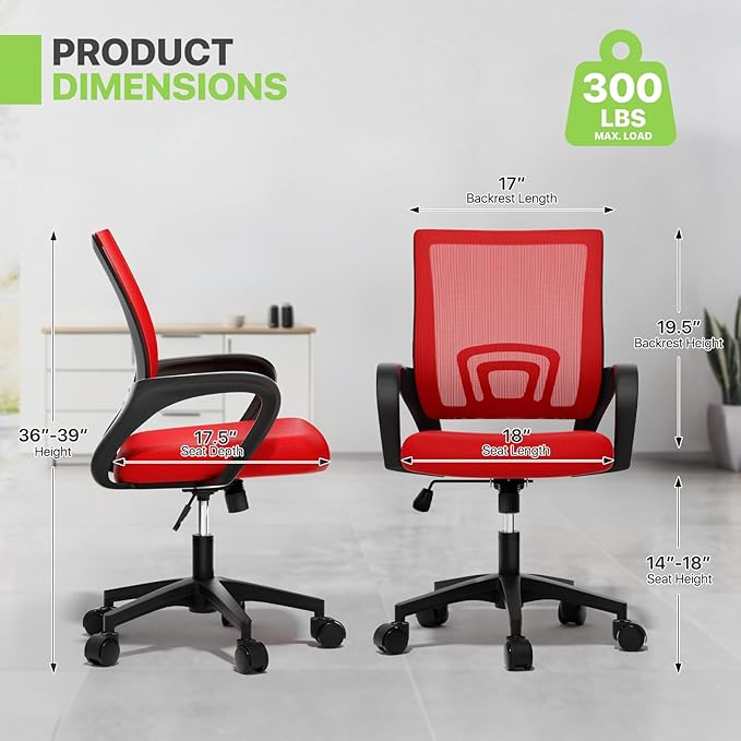 Magshion Ergonomic Office Chair 20 Pack, Mid-Back Mesh Desk Chair, Adjustable Swivel Computer Chair with Lumbar Support & Breathable Backrest for Gaming, Work, Study, 300 Lbs Capacity, Red