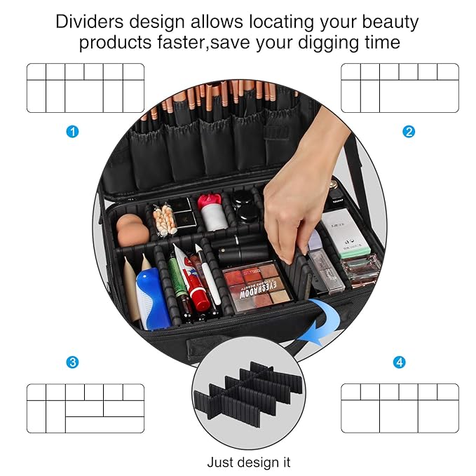 MONSTINA Travel Makeup Train Case,13.8 inches Large Cosmetic Case,Makeup Brush Holder Organizer and Storage with Adjustable Dividers and Shoulder Strap (Black)