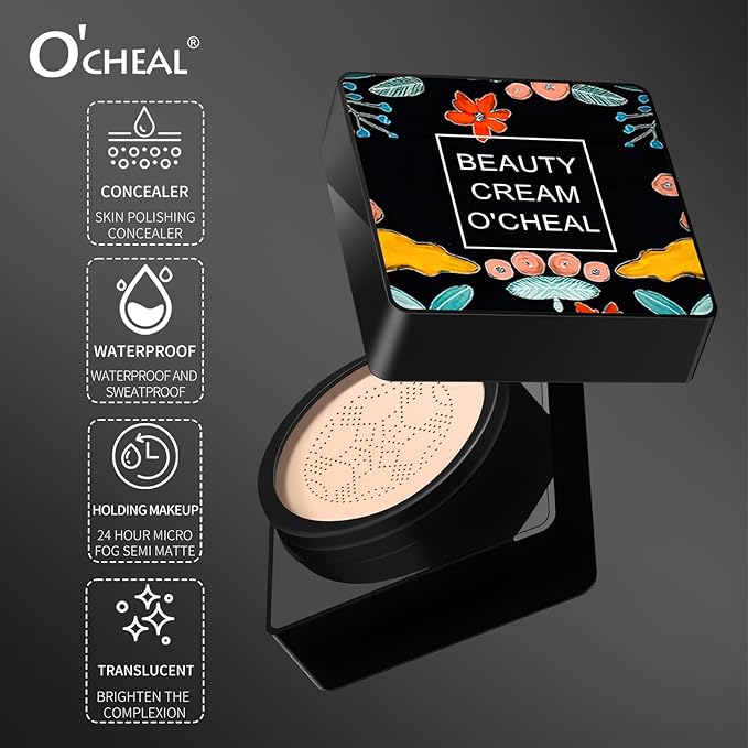 O'CHEAL Mushroom Head Air Cushion CC Cream,BB Cream Foundation Cream for Face Makeup Concealer Cushion for Face Comestics Make Up Long-Lasting Cushion Compact 02#NATURAL