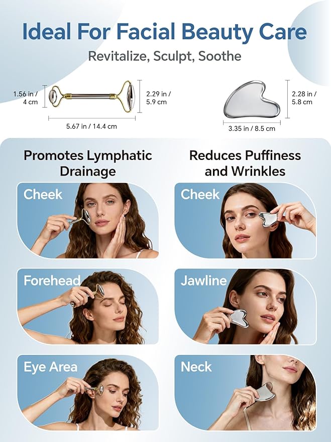 Stainless Steel Face Roller & Gua Sha Facial Tools, Face Massager for Self Care, Roller for face, Jawline Sculpting and Puffiness Reducing