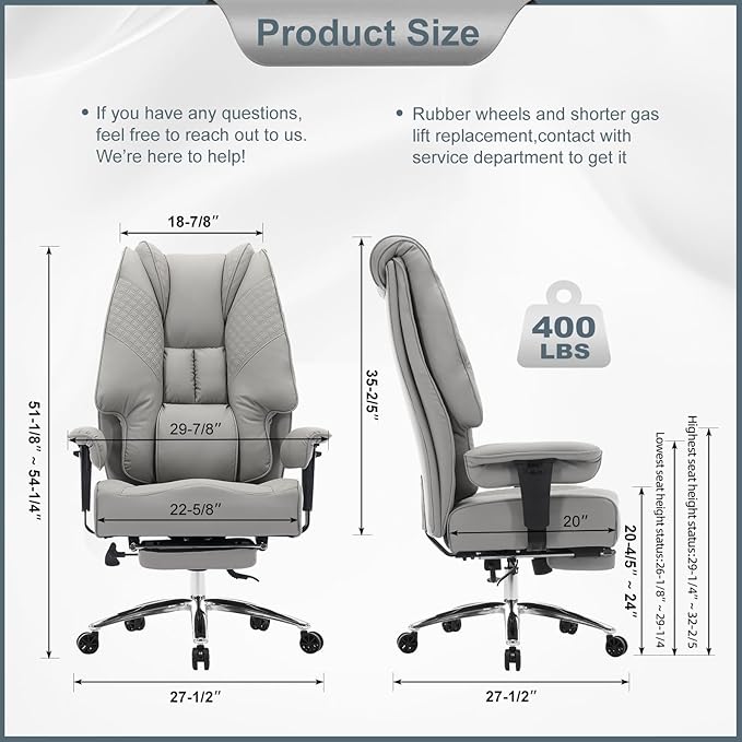 Big and Tall Office Chair 400lbs Wide Seat, Leather High Back Executive Office Chair with Foot Rest, Ergonomic Chairs Lumbar Support for Lower Back Pain Relief (Light Grey)