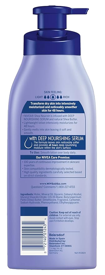 NIVEA Shea Nourish Body Lotion for Dry Skin with Hyaluronic Acid, Shea Butter and Deep Nourishing Serum, 48-Hour Body Moisturizer, 16.9 Fl Oz Pump Bottle (Pack of 2)