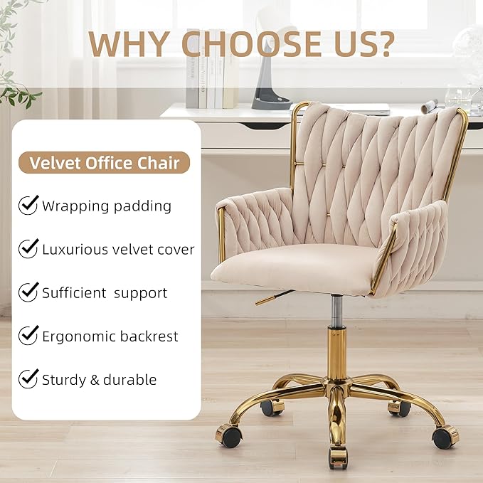 Westice Velvet Desk Chair, Home Office Gold Comfy Chair with Hand Woven Back, Height Adjustable Swivel Chair with Comfy Upholster for Makeup Vanity Living Room Bedroom, Beige