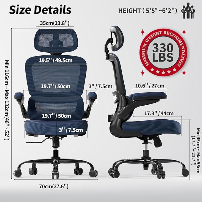 TRALT Ergonomic Office Chair - Desk Chair with Adjustable Headrest Lumbar Support Computer Chair - Mesh Comfy Chair with Flip-up Armrests - Gaming Chairs for Adults Home Office (Leather, Navy Blue)