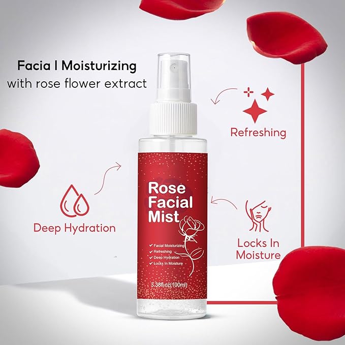 Rose Facial Spray, Hydrating Rose Water Mist for Face,with Aloe Vera & Hyaluronic Acid, Travel Size Rosewater Facial Mist Toner for Refreshing Soothing and Hydrating Skin, 3.38 oz