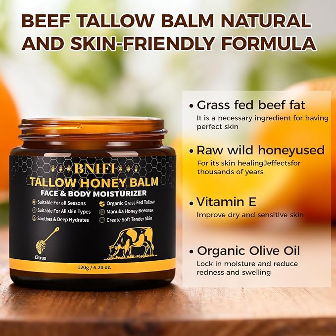 Tallow and Honey Balm for Face Beef Tallow for Skin Organic Grass-Fed Beef Tallow Balm for Face Body Moisturizer (Citrus)