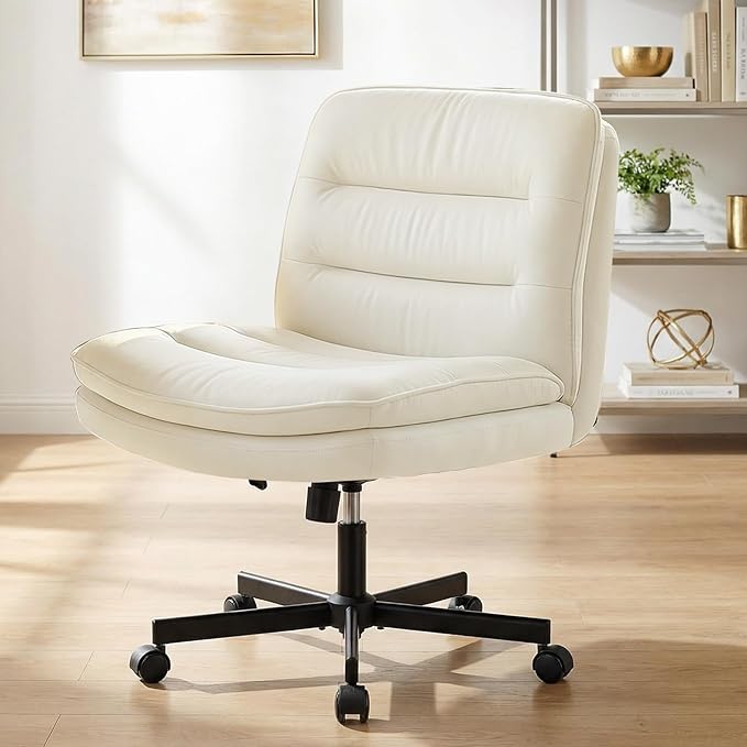 GTPLAYER Cross Legged Office Chair, Armless Desk Chair Cute Vanity Chair with Wheels Computer Chair Comfy Wide Office Chair Adjustable Swivel for Home Computer Task, Soft Velvet, Beige