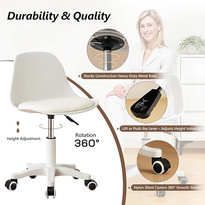 Small Desk Chair Cute Armless Task Vanity Chair with Soft Padded Cushion, Plastic Height Adjustable Home Office Chairs for Teens Girls