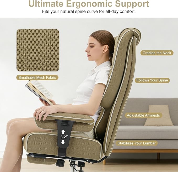 Big and Tall Office Chair 400lbs Wide Seat, Leather High Back Executive Office Chair with Lumbar Support, Ergonomic Chairs Padded Armrests & Thick Cushion (Mesh Green)