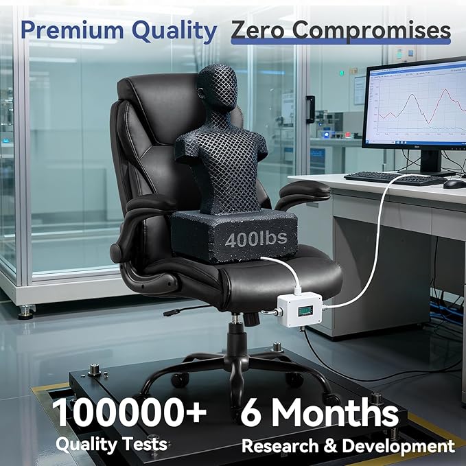 Brage Living 400LBS Big and Tall Office Chair, Heavy Duty Leather Executive Desk Chair with Padded Flip-up Arms, Swivel Rolling Computer Chair for Home Office, Black