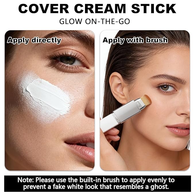 2pcs Blanc Cover Stick, Blanc Cover Cream Stick V White, Dual-Ended Full Coverage Color-Changing Korean Foundation V Sticks with Brush, Makeup Base for Flawless Look (Ivory White & Natural Color)