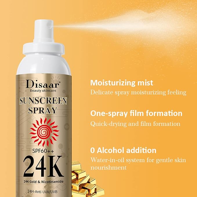 DISAAR BEAUTY Sunscreen Spray SPF60 24K Gold Nicotinamide Sunblock Spray Face Sun Protect Anti-Aging Facial Body Care 160ml 5.41fl.oz