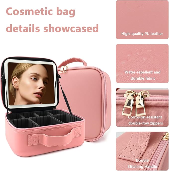 Makeup Bag with Mirror,with Mirror 3 Color Setting and Jewelry Box Large Vanity Makeup Cases,Portable Storage and Adjustable Dividers, for Women and Makeup Artists-Pink