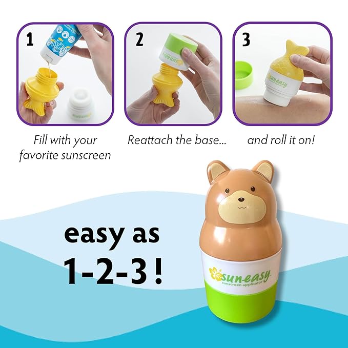 YAYA ORGANICS Sun-Easy Sunscreen Applicator, Refillable Roll-On with Sponge for Kids and Babies, Fun, Fast and Mess-Free application, Holds 100 ml, Bear/Pink Cap