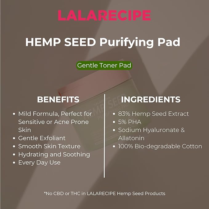 LALARECIPE Hemp Seed Purifying Facial Pads – Korean Toner Pads with 83% Hemp Seed Extract & 5% PHA – Gentle Exfoliating & Hydrating Skincare for Sensitive & Troubled Skin (70 Pcs)