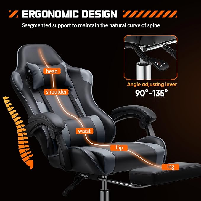 NEWBULIG Computer Gaming Desk Chair - High Back Ergonomic Lumbar Support with Footrest and Headrest, Comfy PU Leather Recliner with Linkage Armrest, Height Adjustable and 360° Swivel, Grey