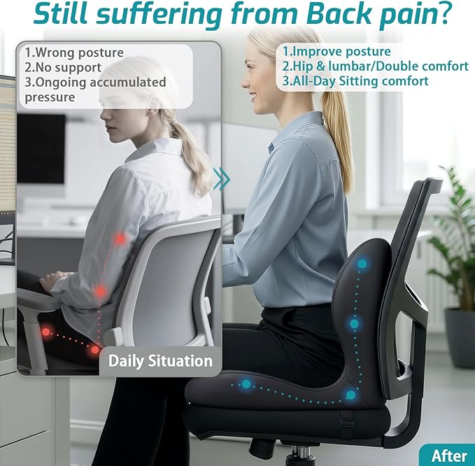 Memory Foam Seat Cushion,Office Chair Cushion with Lumbar Support for Back Pressure Relief,Sciatica,Non Slip Car Seat Cushion with Strap,Pad Orthopedic Cushions for Car,Truck,Desk (D-Dark Grey)