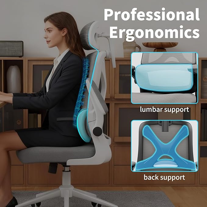 Ergonomic Office Chair - Desk Chair with Adjustable Headrest Lumbar Support Computer Chair - Mesh Comfy Chair with Flip-up Armrests - Gaming Chairs for Adults Home Office 330 LBS (Black+Gray)