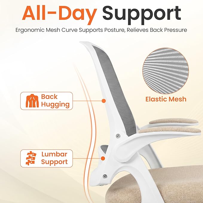NEO Chair Office Chair Gaming Desk Computer Mesh Ergonomic Chair with Flip-up Arms Comfy Lumbar Support Adjustable Height Rolling Wheels Chair for Home Office (Beige)