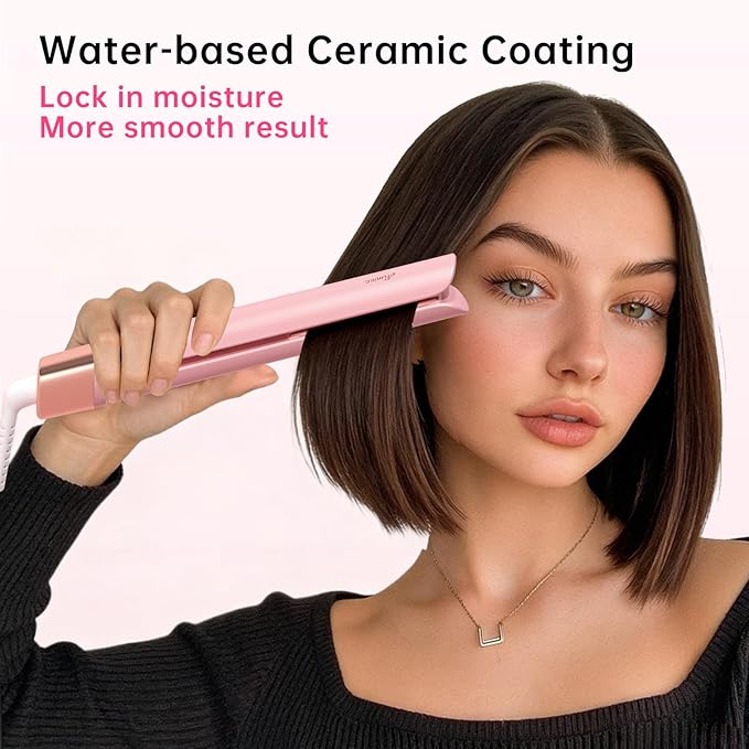 Mini Flat Iron 1 Inch Ceramic Mini Hair Straightener, Small Flat Irons for Short Hair, Curls Bangs, Dual Voltage for Travel,Dual Voltage for Worldwide Use(Pink)