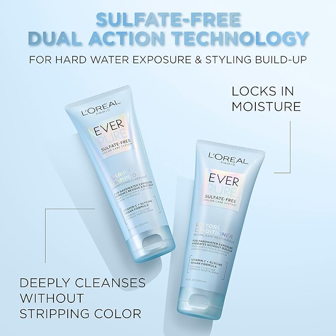 L'Oreal Paris Restore Sulfate Free Conditioner with Antioxidants,Moisturizing Conditioner for Hard Water Exposure and Styling Build-up,EverPure,6.8 Fl Oz,(Pack of 2)