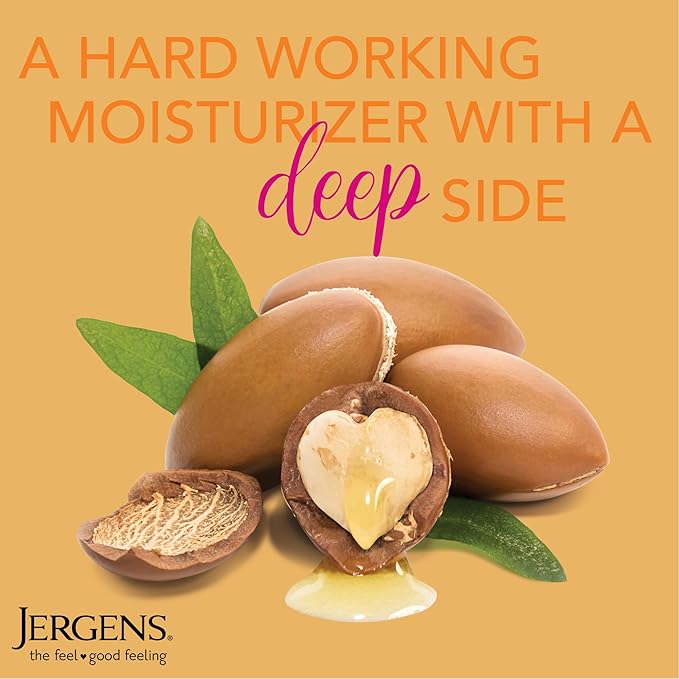 Jergens Deep Restoring Argan Oil Moisturizer, Soothing Body and Hand Lotion with Reviving Argan Oil and Vitamin E, Oil-Infused, Dermatologist Tested, 16.8 oz