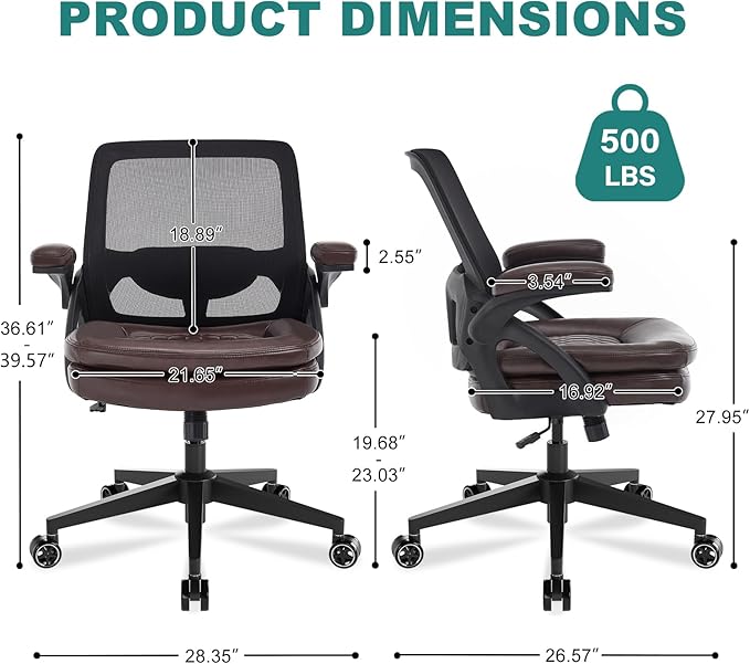 Big and Tall Office Chair, 500lbs Mesh Heavy Duty Ergonomic Desk Chair with Flip-up Armrests, Plus Size Wide Seat in PU Leather, 360 Swivel Computer Executive Task Chair for Home Office (Brown)