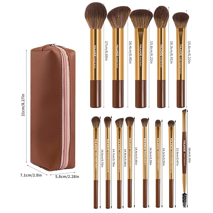 MAANGE 13 PCS Makeup Brushes Professional Make Up Brushes Premium Synthetic Powder Concealers Brushes Travel Makeup Brush Set with Case (Gold)