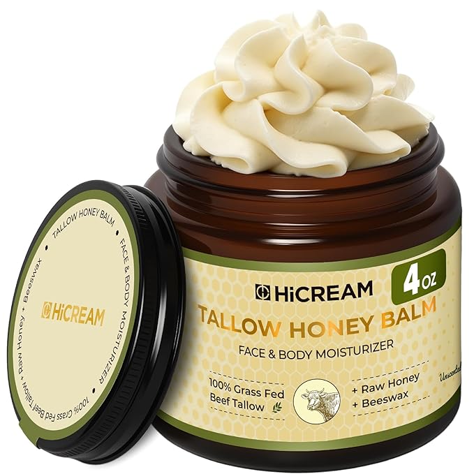 Beef Tallow for Skin, Beef Tallow and Honey Balm, 100% Organic Grass-Fed Beef Tallow, Face & Body Moisturizer for Dry, Cracked, Sensitive Skin - Handmade - Natural Formula (4 Oz, Unscented)