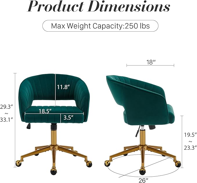 Home Office Swivel Desk Chair, Modern Velvet Vanity Chair, Height Adjustable Armchair with Gold Base, Ergonomic Office Chair for Task Study Computer Room, Dark Green