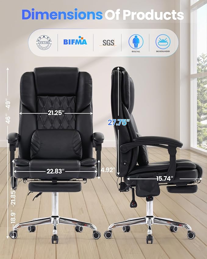 500LBS Big and Tall Office Chair with 3D Kneading Massage Lumbar Support, Office Chairs for Back Pain Relief, Ergonomic Comfort 130° Reclining Desk Chairs Managerial Chairs for Heavy People