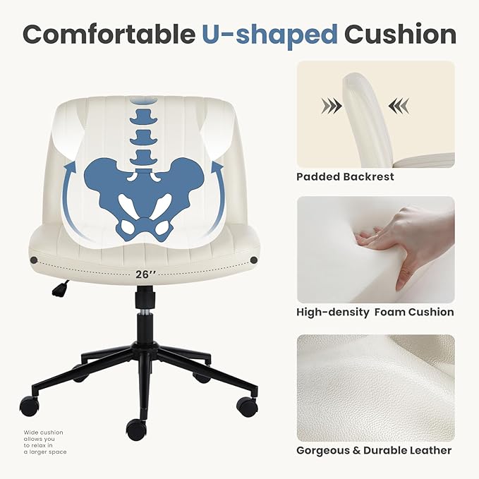 DUMOS Criss Cross Chair with Wheels, Wide Cross Legged Office Desk Vanity Chairs, Faux Leather Armless Adjustable Swivel Chairs for Home Computer Task, Beige