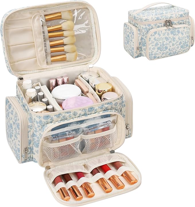 Large Cotton Makeup Bag, Quilted Floral Makeup Bag Organizer for Women Girls with Makeup Brush Compartment & Two Side Pockets, Cosmetic Travel Bag Vertical Storage- Blue Flower