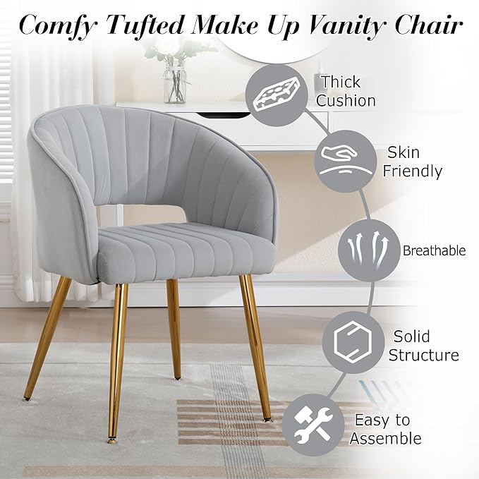 Modern Velvet Vanity Chair, Home Office Desk Chair with Hollow Back, Upholstered Dining Chair with Gold Metal Legs, Comfy Accent Armchair for Living Room Bedroom, Gray