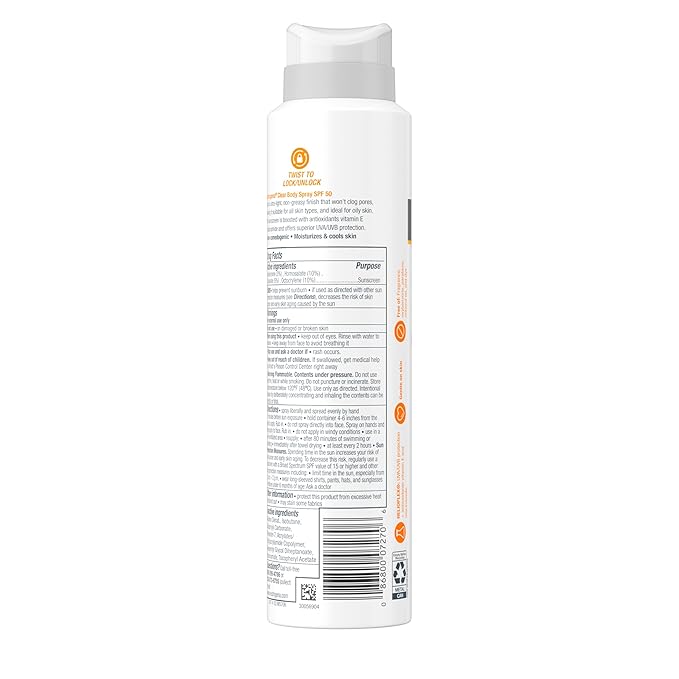 Neutrogena Clear Body SPF 50 Sunscreen Spray, Broad Spectrum UVA/UVB Sun Protection, Water-Resistant, Non-Comedogenic, Lightweight Body Sunscreen with Vitamin E & Niacinamide for Skin Care, 5 oz