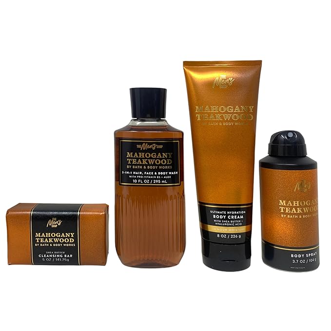 Bath & Body Works Men's Collection Mahogany Teakwood Gift Set - Body Cream - 3-in-1 Hair, Face & Body Wash - Body Spray and Cleansing Bar - with a Cabin Spice Bar Soap
