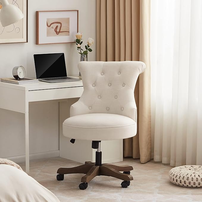 HUIMO Home Office Chair Upholstered Armless Desk Chairs with Wheels Adjustable Height Computer Desk Chair with Wooden Legs Linen Comfortable Swivel for Home Office Study Studio (Beige)