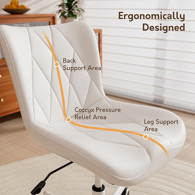 Armless Desk Chair, Morden Home Office Chair no Arms, Adjustable Height & Rocking Computer Chair, PU Leather Vanity Chair, Ergonomic Seat Soft Padded Desk Chairs for Home Small Space, White