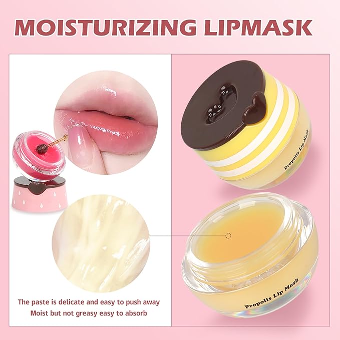 2 PCS Bee Lip Balm Lip Mask Honey Pot,Honey & Strawberry Lip Mask Propolis Moisturizing Lip Balm,Hydrating Prevention Dry & Cracked,Mothers Day Gifts,Teacher Appreciation Gifts,Easter Basket Stuffers