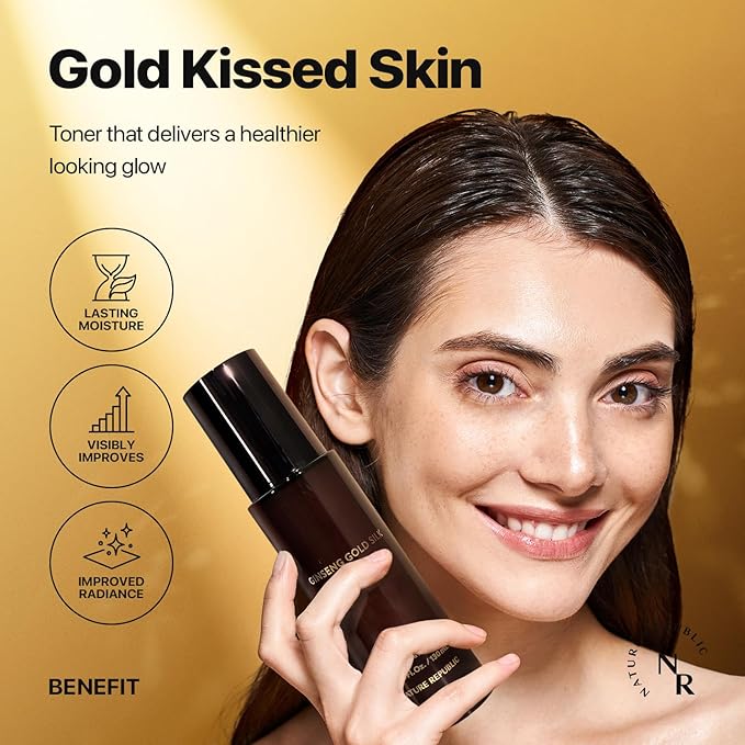 Nature Republic Ginseng Gold Silk Facial Toner, Hydrating Glow Toner, Niacinamide & Silk Amino Acid, Royal Jelly Extract, Korean Skin Care for All Skin Types 130 ml / 4.39 Fl. oz.